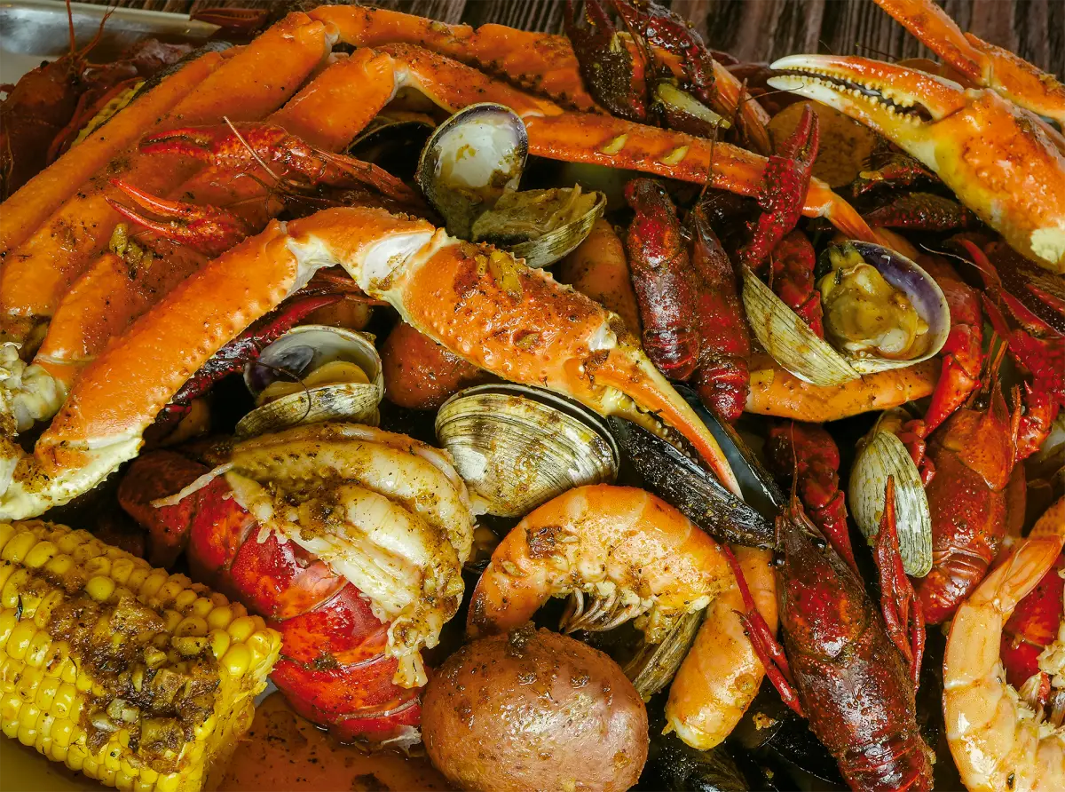 Seafood boil with snow crab, crawfish, shrimp, clams, corn and potatoes
